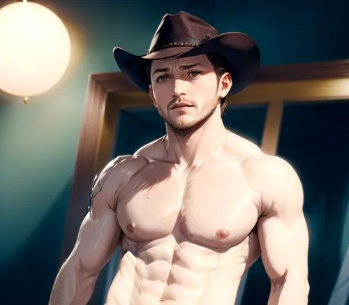 Tom Hardy, shirtless,armpit hair, cowboy,an artwork of a young man with a shirtless torso and cowboy hat,wightman,cowboy,zelimkhan,cow boy,sheriff,cowpoke,Anime,Anime,General