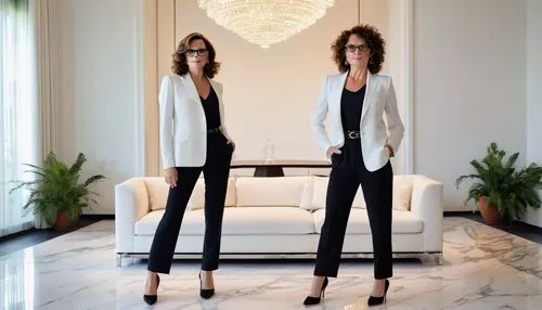 Modern interior designer, mature lady, 30s, professional attire, black glasses, curly brown hair, minimal makeup, white blouse, tailored black pantsuit, high heels, standing, holding a blueprints, ele