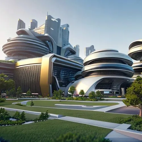 a futuristic corporate scientific building. Park in the foreground,futuristic art museum,futuristic architecture,hongdan center,singapore,tianjin,shenzhen vocational college,zhengzhou,marina bay,chine