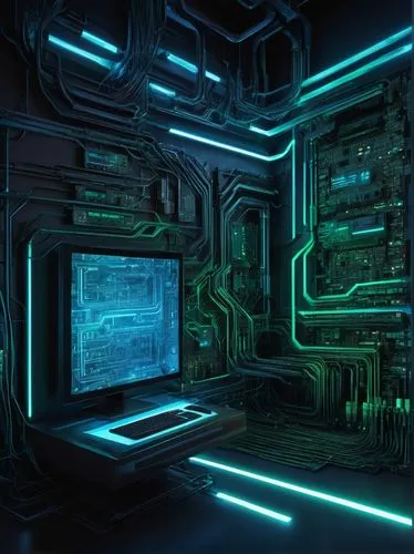 unix operating system architecture, futuristic cyberpunk background, neon lights reflecting off metallic surfaces, complex network of wires and circuits, motherboards with glowing blue chips, spinning