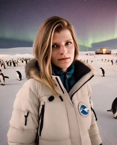 young happy woman in a warm jacket at the south pole,
Northern lights in the background, lots of penguins around,arctic penguin,the polar circle,penguin parade,antarctic bird,arctic,penguin couple,chi