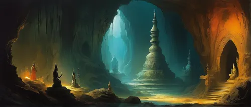 stalagmite,somtum,the pillar of light,world digital painting,buddhist hell,hanging temple,ancient city,theravada buddhism,karst landscape,thai buddha,fantasy landscape,the mystical path,spire,vipassana,laser buddha mountain,minarets,stalactite,buddhist temple complex thailand,stone pagoda,bagan,Illustration,Realistic Fantasy,Realistic Fantasy 16