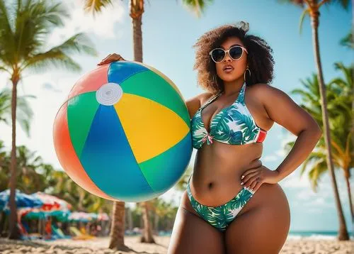 Sexy bikini girl, curvy figure, big hips, voluptuous thighs, toned legs, beautiful detailed skin, shiny hair, bold makeup, sunglasses, beach ball, tropical palm trees, blue sky, soft focus background,