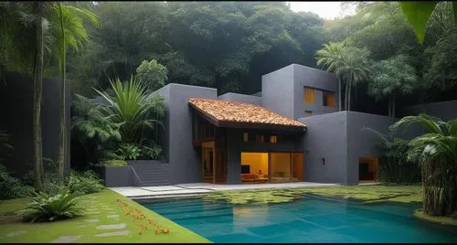 EL EXTERIOR DE UNA CASA CON ESTILO MEXCANO MODERNO, USO DE COLORES VIBRANTES, MATERIALES REFIONALES, TEJA, VIGAS DE MADERA, EN UN AMBIENTE EXUBERANTE, ESTANQUE DE AGUA AL FRENTE.,a big home with a poo