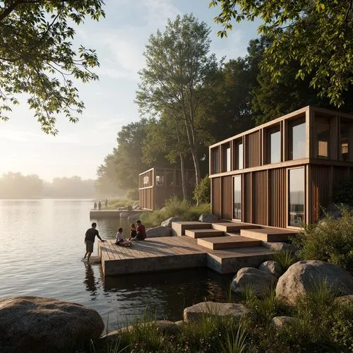 Waterfront boathouse, rustic wooden docks, serene lake views, natural stone foundations, wooden slatted walls, glass accordion doors, clerestory windows, soft warm lighting, morning sunlight, misty at