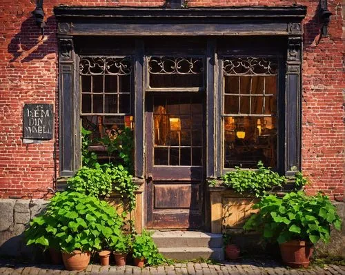 Portland, Maine, Architectural Salvage store exterior, old brick building, wooden sign, rusty metal roof, distressed wooden doors, vintage windows, antique doorknobs, ornate ironwork, ivy climbing wal