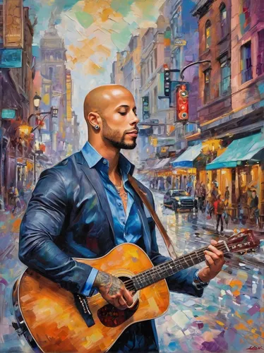 jazz guitarist,guitar player,street musician,musician,cavaquinho,painted guitar,man with saxophone,saxophone playing man,guitarist,itinerant musician,guitar,violin player,banjo player,oil painting on canvas,concert guitar,artist,italian painter,serenade,violinist,street performer,Conceptual Art,Oil color,Oil Color 10