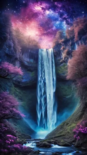 A magnificent waterfall where you can see the galaxy inside full of details and texture, galactic clouds,purple landscape,fantasy picture,waterfall,water fall,crown chakra,fantasy landscape,flow of ti