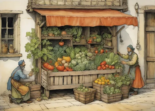 greengrocer,medieval market,mirepoix,grocer,fruit market,vegetable market,merchant,village shop,market vegetables,fruit stand,crate of vegetables,marketplace,the market,farmer's market,vegetable basket,market,vendors,fresh vegetables,grocery,harvest festival,Illustration,Paper based,Paper Based 29