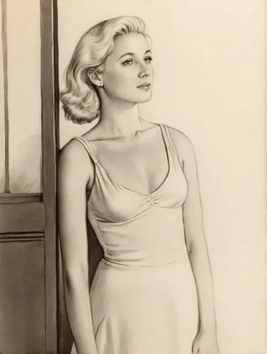 simple drawing of a woman with blonde hair in a dress near a window,a black and white image of a woman,mamie van doren,marilyn monroe,connie stevens - female,model years 1960-63,marylyn monroe - femal