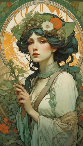 mucha,art nouveau,flora,art nouveau design,art nouveau frame,artemisia,art nouveau frames,orange blossom,alfons mucha,rusalka,girl in a wreath,ivy frame,rosa ' amber cover,frame flora,dryad,ivy,virgo,trellis,kahila garland-lily,throwing leaves,Illustration,Retro,Retro 03