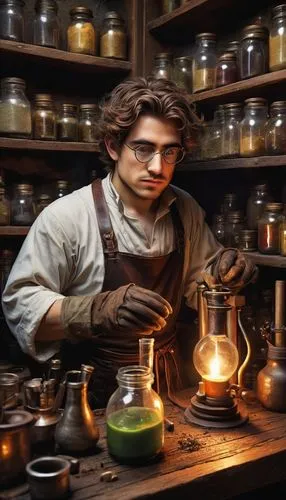 Halfling, male, alchemist, messy brown hair, thick eyebrows, goggles on forehead, white apron, leather gloves, holding beaker, mixing chemicals, wooden workbench, dimly lit laboratory, stone walls, sh