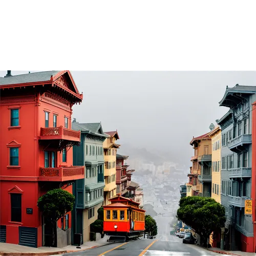 San Francisco, Golden Gate Bridge, foggy morning, steep hills, colorful Victorian houses, cable car, Chinatown lanterns, Union Square, skyscrapers, cityscape, misty atmosphere, soft warm light, cinema