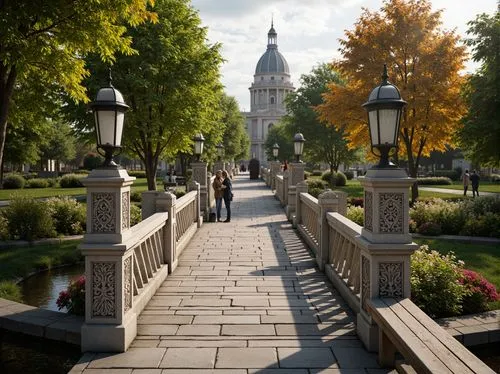 Ornate Baroque pedestrian bridge, intricately carved stone balustrades, lush greenery, vibrant flowers, majestic trees, serene water features, gentle streams, rustic wooden benches, natural stone path