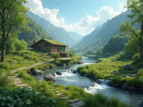 landscape background,house in mountains,world digital painting,fantasy landscape,home landscape,house in the mountains,river landscape,nature landscape,green landscape,idyllic,beautiful landscape,mountain spring,mountain scene,nature background,mountain landscape,japan landscape,alpine landscape,mountain settlement,natural scenery,the cabin in the mountains,Photography,General,Realistic