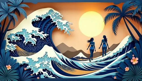 the great wave off kanagawa,mermaid background,ocean paradise,ocean background,blue hawaii,yamatai,Unique,Paper Cuts,Paper Cuts 06