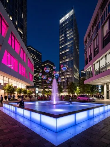 A photo of a modern city square at night,featuring a futuristic style building with curved glass exterior walls and a central square pool. Above the pool,there are several floating metal spheres,and t