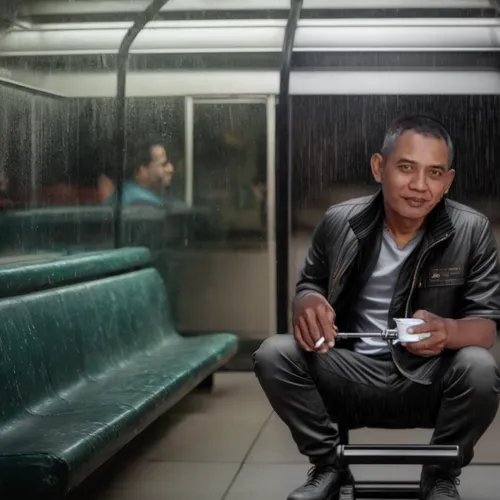 show the atmosphere inside the bus stop room. There were several people in the room. everyone is taking shelter,portrait photography,man with umbrella,man on a bench,social,pradal serey,jakarta,portra