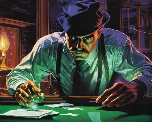 riddler,investigator,mafia,game illustration,al capone,gambler,detective,night administrator,holmes,sherlock holmes,absinthe,pandemic,inspector,clue and white,spy-glass,private investigator,man with a computer,the pandemic,investigation,tabletop game,Conceptual Art,Fantasy,Fantasy 20