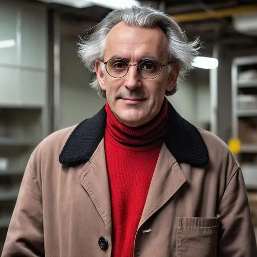 Old shaved man in brown old dusty lab coat with turtleneck red sweater, with fluffy gray hair, with square jaw and square face, with thick eyebrows, with butt chin, with huge nose and big ears, in a b