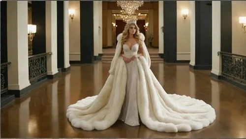 expand her blond wavy hair to her waist,the bride is wearing a gown made from fur,bridal gown,wedding gown,bridal dress,a floor-length dress,wedding dresses,wedding dress