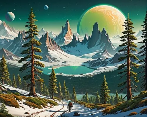 mountain landscape,mountain scene,lunar landscape,landscape background,spruce forest,alpine landscape,mountainous landscape,salt meadow landscape,coniferous forest,fantasy landscape,snowy peaks,moonscapes,forest landscape,mountain range,snowy mountains,cascadia,mountains,nature background,high landscape,high mountains,Conceptual Art,Sci-Fi,Sci-Fi 20