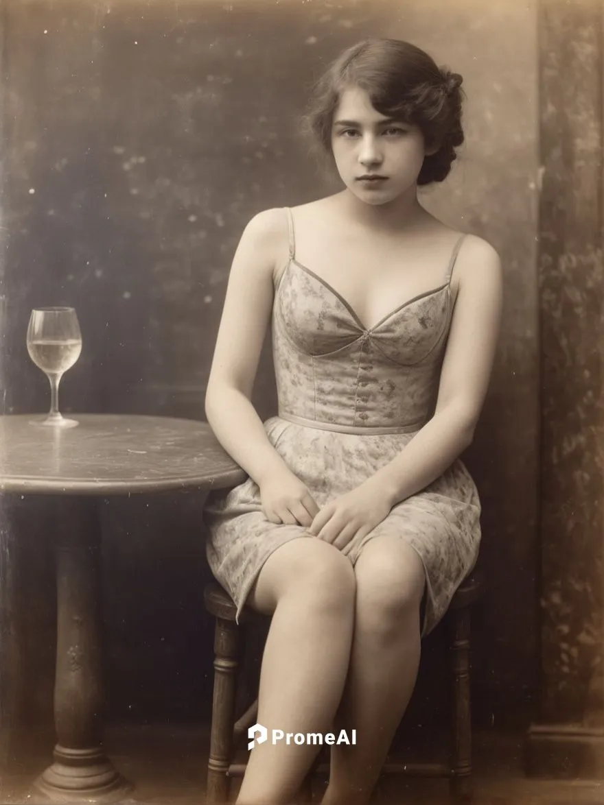 Young entertainer in a Parisian nightclub. Make the motif look like a French impressionist photograph, as if she had been photographed by Nadar.,a woman sits by a table with a glass,vintage female por