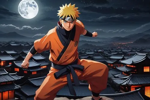 Naruto Uzumaki, ninja outfit, orange jumpsuit, forehead protector, blonde hair, whisker marks, determined expression, standing, powerful stance, red full moon, dark night sky, Konoha village, rooftops