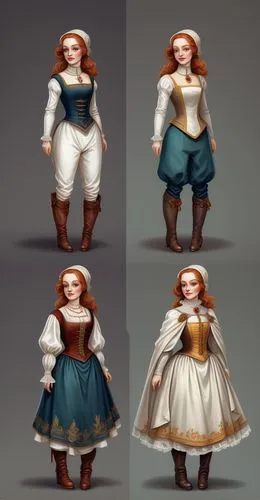 Paper doll medieval noble women in white blouse ,grey medieval tight legging with brown boot standing with a set of elegant medieval noble dress full color colorful medieval fashion medieval clothing.