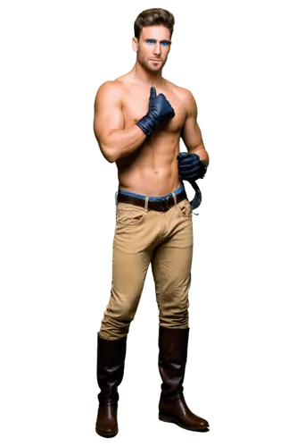 Muscular horse-man hybrid, solo, (30yo), short brown hair, piercing blue eyes, strong jawline, masculine facial features, horse ears, horse tail, furry chest, muscular arms, leather gloves, cowboy boo