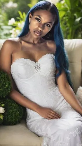 A woman with long, flowing blue hair and a blue collar sits on a plush couch, surrounded by plush throw pillows and soft jazz music. She wears a flowing white dress as she plays a soothing melody from