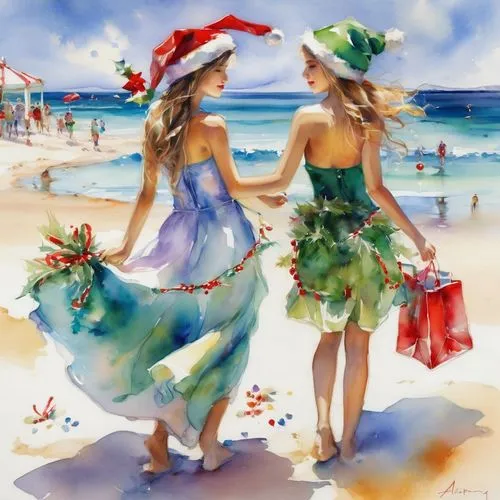 christmas in july on the beach in lagoon,christmas on beach,watercolor women accessory,merrymaking,watercolor painting,sundresses,summer beach umbrellas,watercolor christmas background,christmas girls