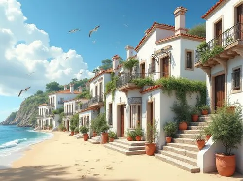 seaside resort,seaside view,beachfront,seaside country,seaside,shorefront,altea,sperlonga,holiday villa,beach resort,greek island,provencal,houses clipart,casitas,mediterranean,seafront,beach landscape,beach scenery,by the sea,mediterrean,Photography,General,Realistic