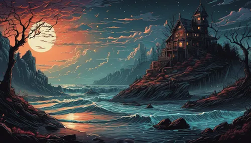 fantasy landscape,fantasy picture,fantasy art,witch's house,3d fantasy,ghost castle,volcanic landscape,maelstrom,lunar landscape,world digital painting,water castle,sci fiction illustration,knight's castle,imperial shores,atlantis,ghost forest,castle of the corvin,fractal environment,an island far away landscape,haunted castle,Illustration,Realistic Fantasy,Realistic Fantasy 25