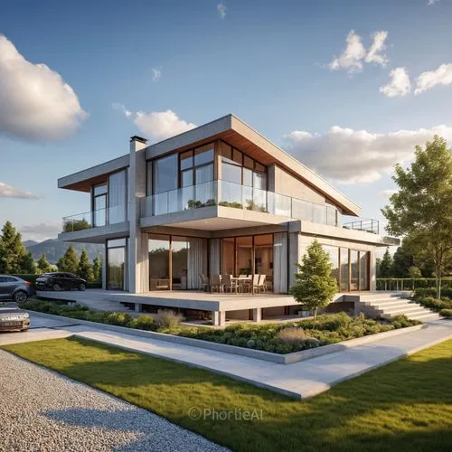 a very nice looking house sitting on top of a lush green field,modern house,3d rendering,modern architecture,dunes house,hovnanian,homebuilding,Photography,General,Realistic