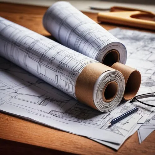 Architectural blueprint, rolled up, tied with twine, wooden desk, lamp, modern office, afternoon sun, warm lighting, shadows on paper, detailed pencil marks, eraser crumbs, coffee cup stain, designer'