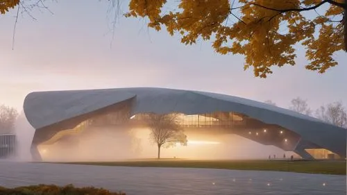 a public building, musical building, add some people, add some lights, reality, high quality, add some trees, make it real, day light, foggy, people, add people, trees in background, public center, re