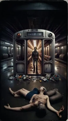 增加活屍,passengers,sci fi surgery room,the morgue,train compartment,conceptual photography,play escape game live and win,photo manipulation,train car,autopsy,the girl is lying on the floor,photomanipulat