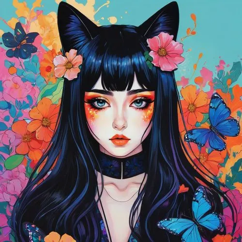 kommuna,flower cat,digital illustration,fantasy portrait,digital art,girl in flowers,Illustration,Paper based,Paper Based 19