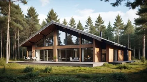 modern wood Scandinavian house in the forest,a wooden house surrounded by trees and a large deck,house in the forest,forest house,timber house,3d rendering,inverted cottage,small cabin,wooden house,sk