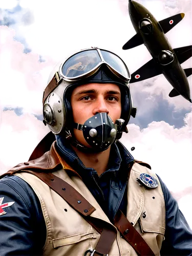 WW2 aircraft, fighter plane, solo, metallic body, worn paint, bullet holes, British Royal Air Force insignia, propeller spinning, cockpit open, pilot helmet, oxygen mask, leather jacket, vintage goggl