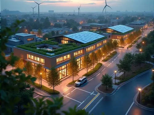 Sustainable transportation hub, suburban area, modern architecture, green roof, solar panels, wind turbines, eco-friendly materials, recycling facilities, electric vehicle charging stations, bike lane