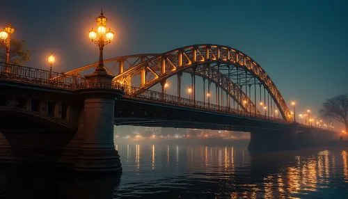 Art Deco bridge, curved lines, geometric patterns, metallic materials, ornate lamps, luxurious railings, grand arches, steel beams, urban cityscape, nighttime scenery, streetlights reflected on water,