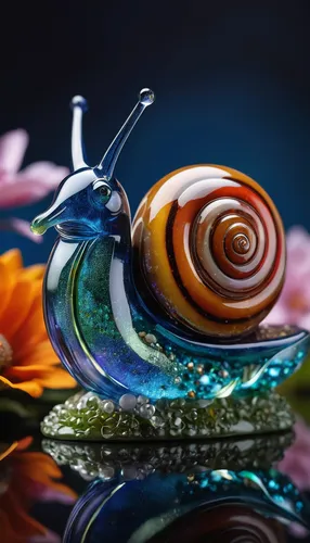 a close up of a snail figurine on a table, inspired by Quirizio di Giovanni da Murano, cloisonnism, realistic glass sculpture, 84mm), closeup photo, h 7 0 4, version 3, 1/320, glass flowers, high qual