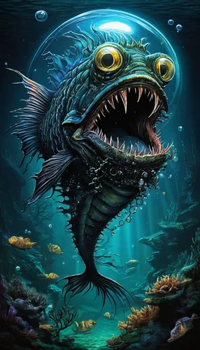 deep sea fish,anglerfish,coelacanth,piranha,underwater fish,fish in water,fish-surgeon,merman,porcupine fishes,bony-fish,sea devil,sea animal,deep sea,marine fish,god of the sea,cuthulu,sea monsters,merfolk,the fish,blue fish,Illustration,Realistic Fantasy,Realistic Fantasy 33