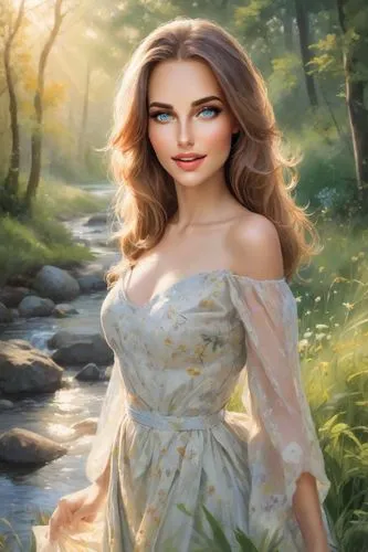 celtic woman,the blonde in the river,fantasy picture,fantasy portrait,world digital painting,girl on the river,girl in a long dress,faerie,romantic portrait,jessamine,fantasy art,fairy tale character,fantasy woman,mystical portrait of a girl,landscape background,faery,enchanting,romantic look,portrait background,springtime background,Photography,Realistic