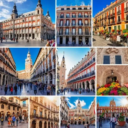 Madrid Spain, Plaza Mayor, grand fountain, ornate street lamps, Baroque-style buildings, intricate stone carvings, vibrant Spanish tiles, wrought iron balconies, majestic city hall, lively street perf