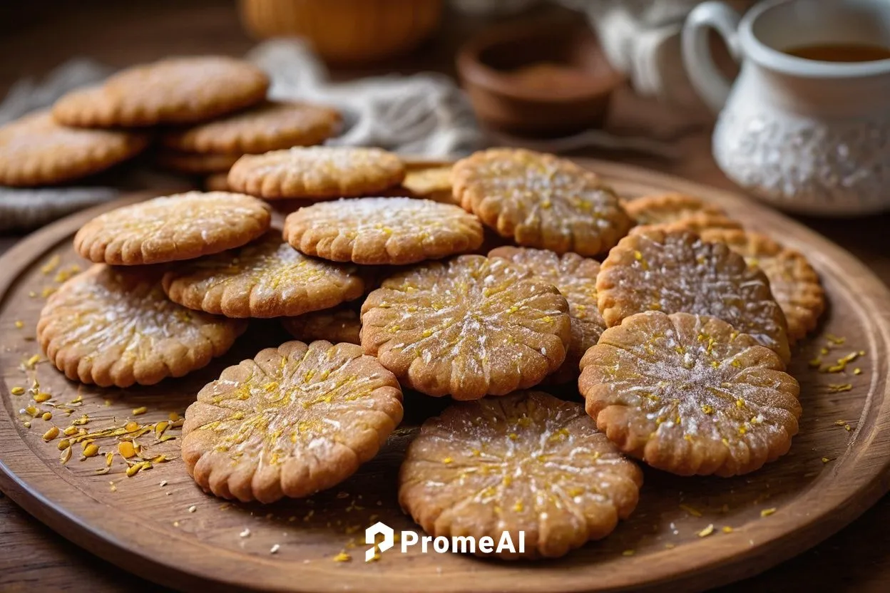 Vintage-style Larita cookies, golden-brown color, crispy edges, chewy center, sprinkled with granulated sugar, arranged on a rustic wooden plate, surrounded by decorative ceramic tiles, warm afternoon