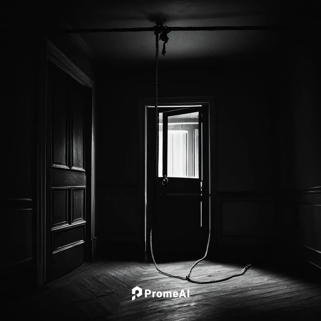 حبل مشنقة فى غرفة مظلمة وباب مفتوح,empty room,abandoned room,telephone hanging,condemned,creepy doorway,key rope,hanging light,empty interior,cold room,nooses,in isolation,chambre,floor lamp,anteroom,