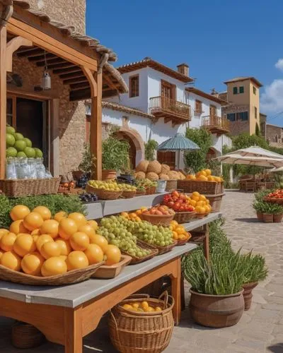 a market place with several different fruits, veggies and bread,masseria,provencal life,provencal,fruit market,fruit stand,ivillage,Photography,General,Realistic